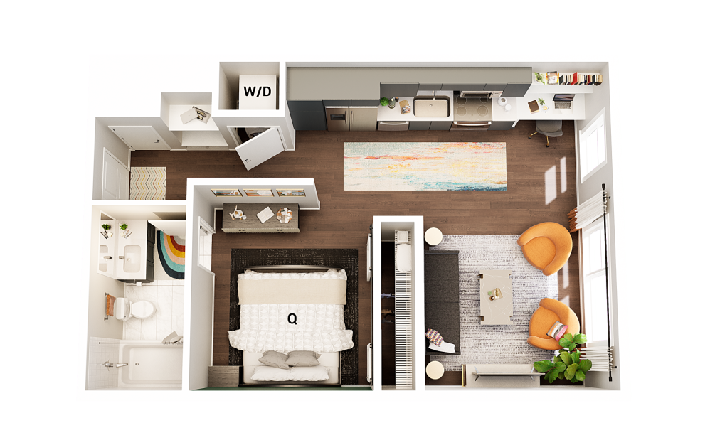 A0 - Studio floorplan layout with 1 bathroom and 620 square feet (Finish Scheme 2)