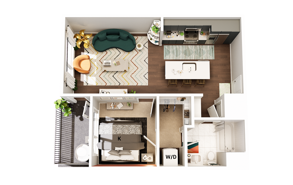 A1 - 1 bedroom floorplan layout with 1 bath and 748 square feet. (Finish Scheme 2)