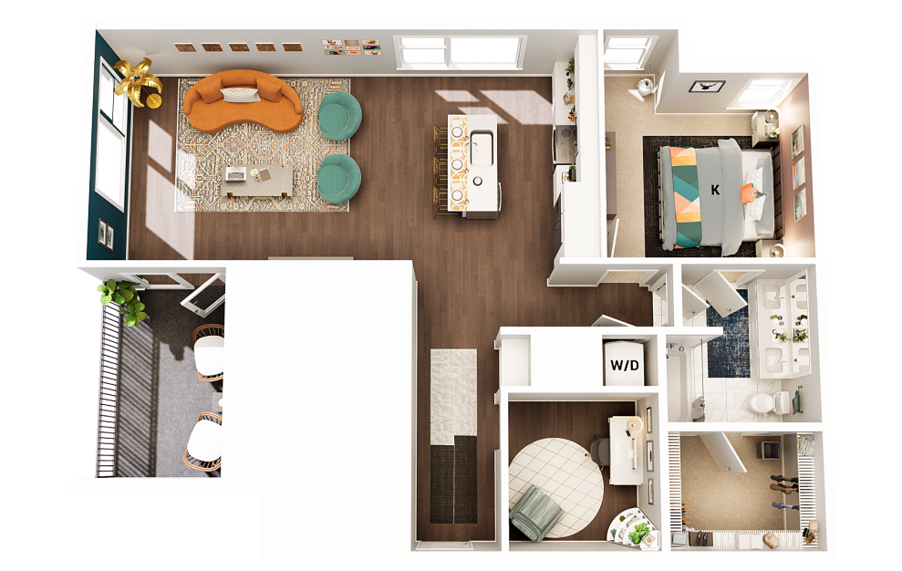 A2 - 1 bedroom floorplan layout with 1 bath and 999 square feet. (Finish Scheme 1)