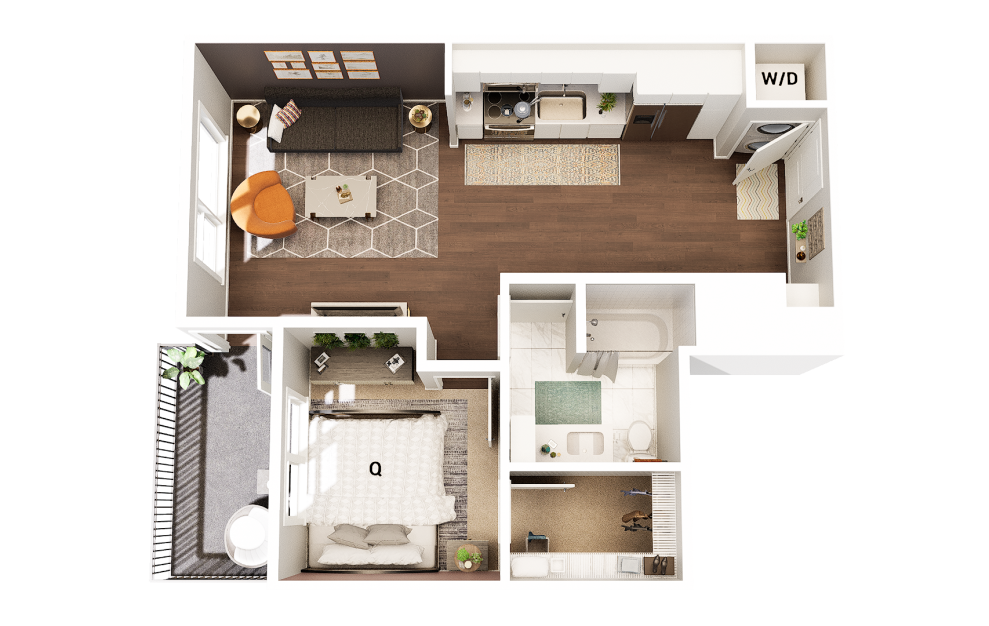 A5 - 1 bedroom floorplan layout with 1 bath and 672 square feet. (Finish Scheme 1)