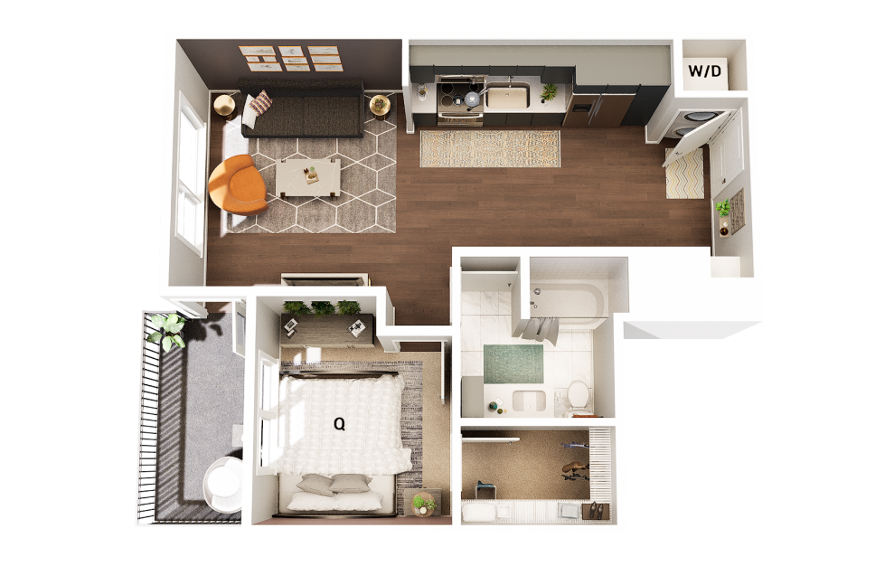 A5 - 1 bedroom floorplan layout with 1 bath and 672 square feet. (Finish Scheme 2)