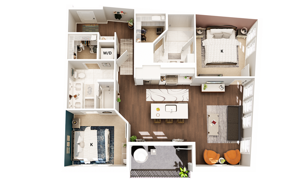 B1 - 2 bedroom floorplan layout with 2 baths and 1054 square feet. (Finish Scheme 1)