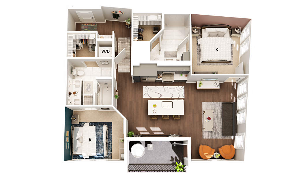 B1 - 2 bedroom floorplan layout with 2 bathrooms and 1054 square feet (Finish Scheme 2)