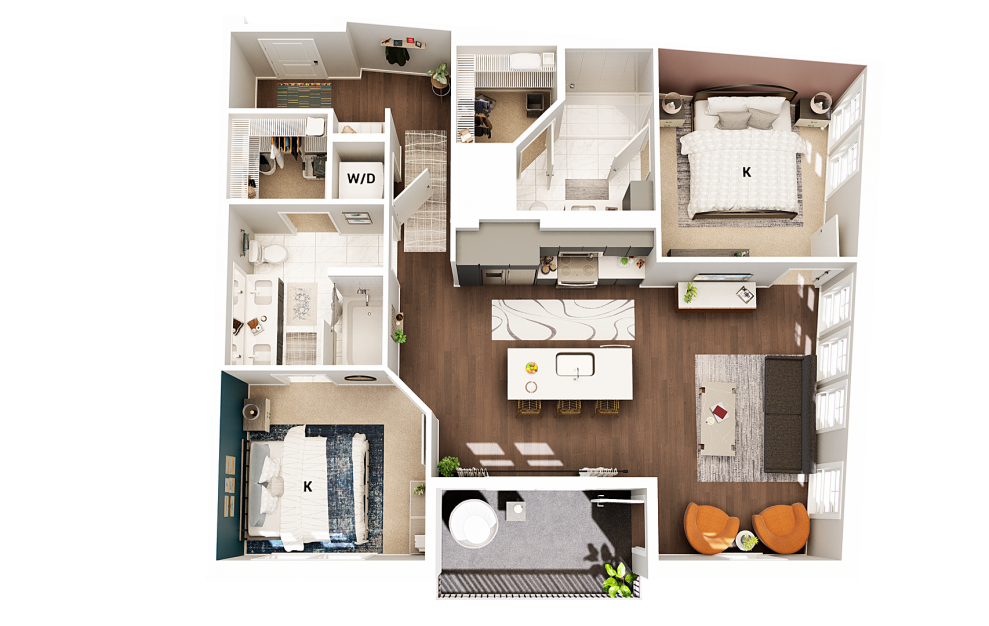 B1 - 2 bedroom floorplan layout with 2 baths and 1054 square feet. (Finish Scheme 2)