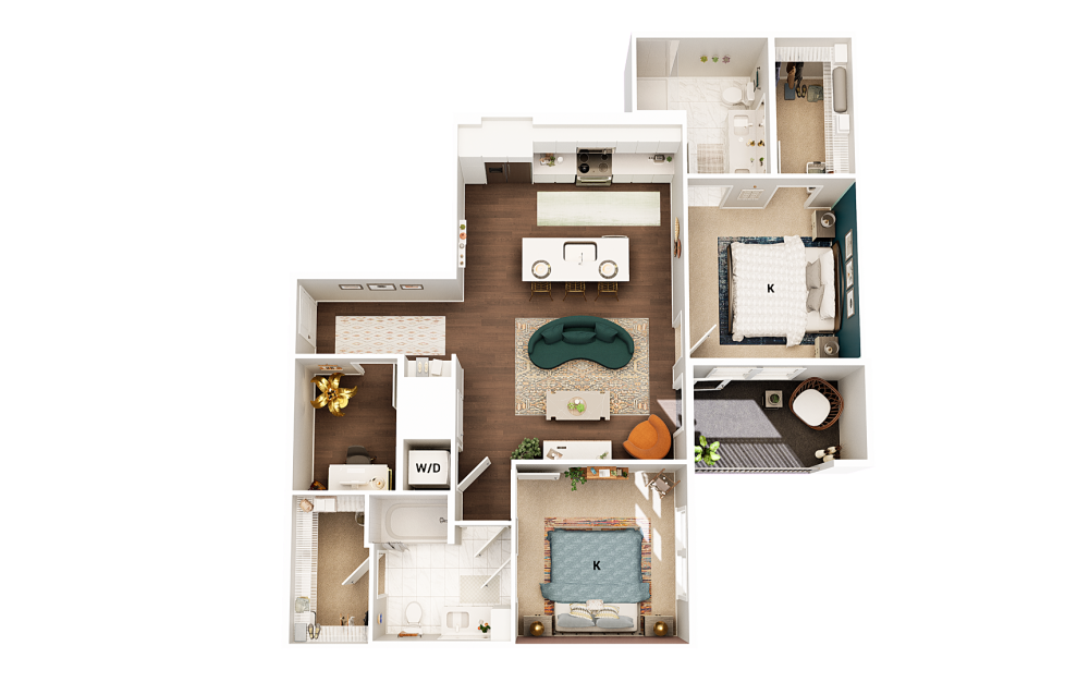 B2 - 2 bedroom floorplan layout with 2 baths and 1101 square feet. (Finish Scheme 1)