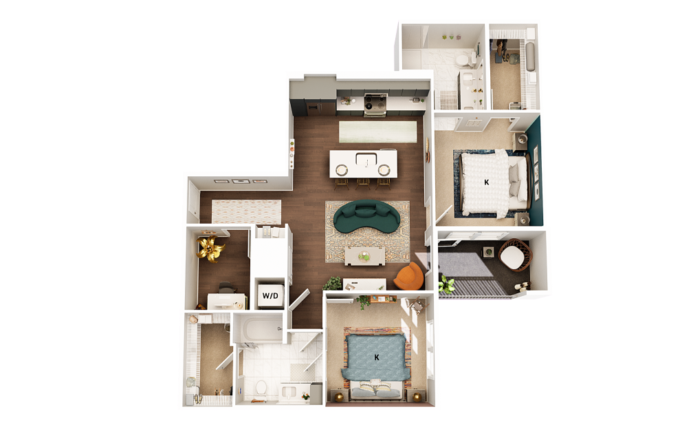 B2 - 2 bedroom floorplan layout with 2 baths and 1101 square feet. (Finish Scheme 2)