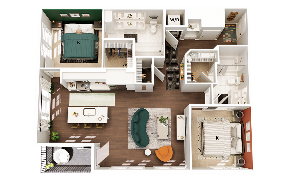 B3 - 2 bedroom floorplan layout with 2 baths and 1079 square feet. (Finish Scheme 1)