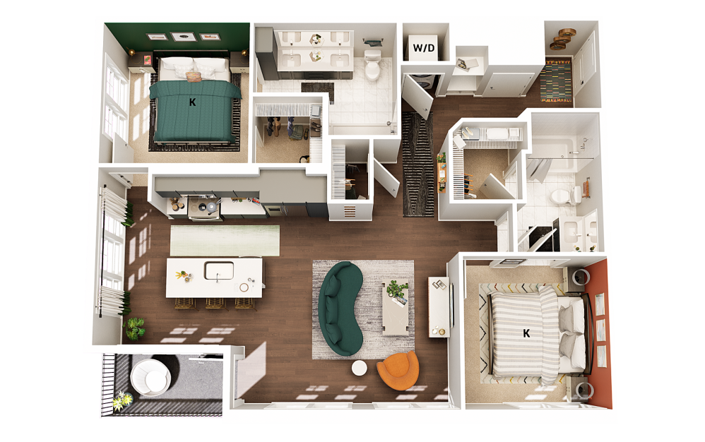 B3 - 2 bedroom floorplan layout with 2 bathrooms and 1079 square feet (Finish Scheme 2)