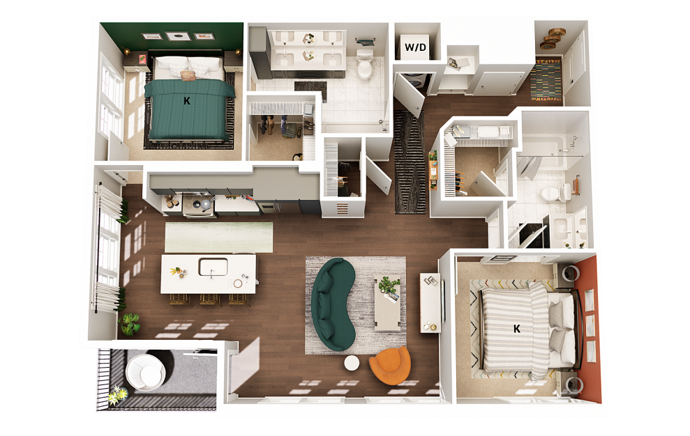 B3 - 2 bedroom floorplan layout with 2 baths and 1079 square feet. (Finish Scheme 2)