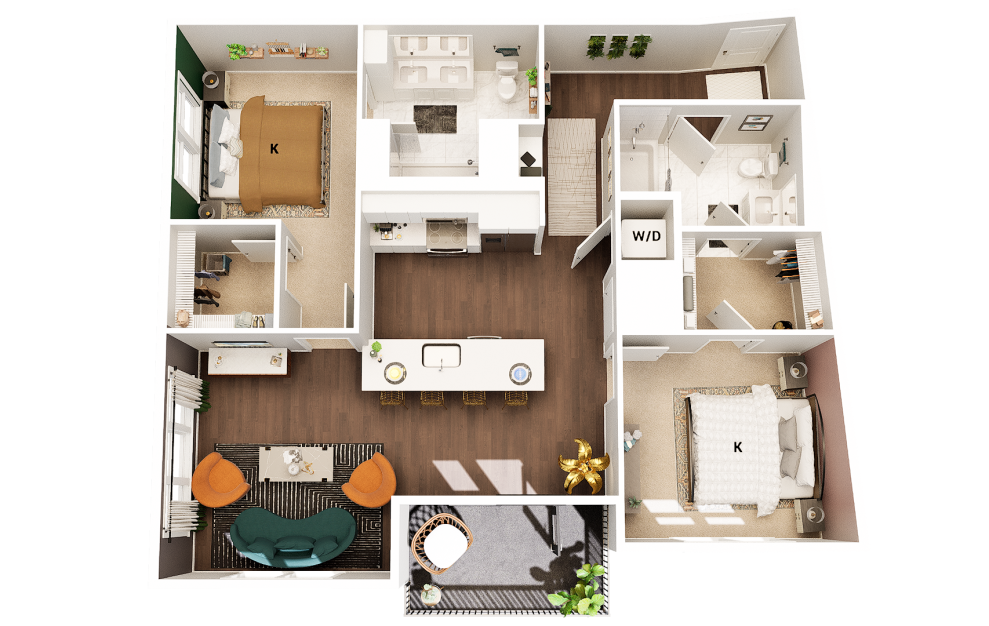B4 - 2 bedroom floorplan layout with 2 baths and 1147 square feet. (Finish Scheme 1)