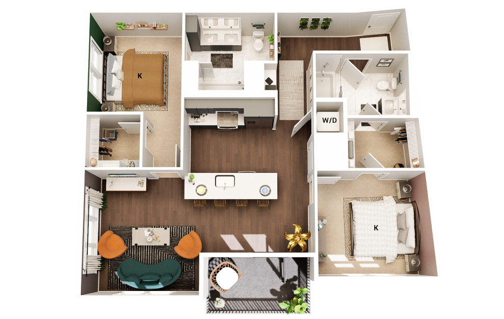 B4 - 2 bedroom floorplan layout with 2 baths and 1147 square feet. (Finish Scheme 2)
