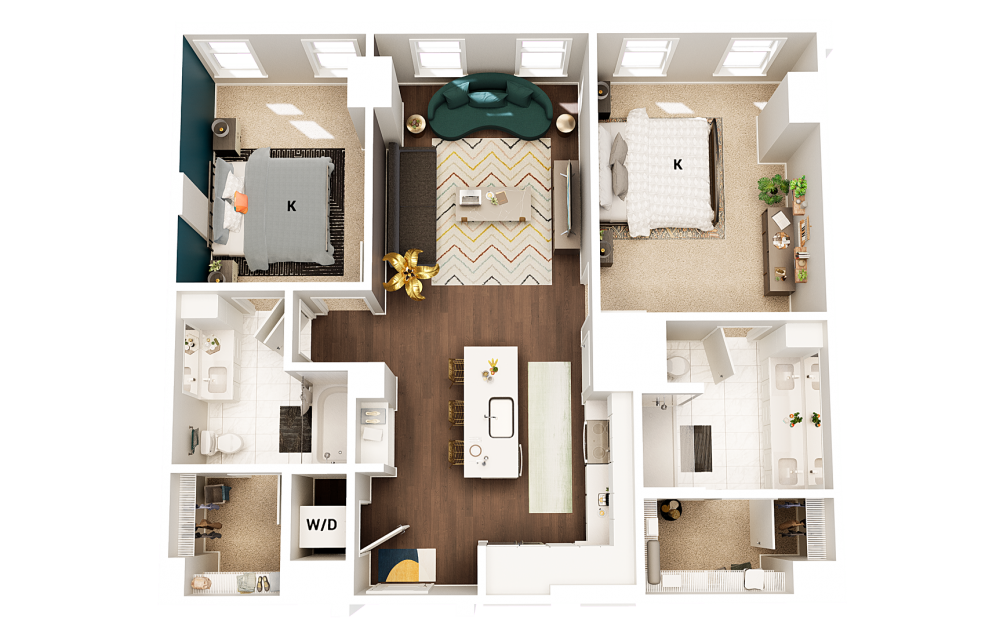 B5 - 2 bedroom floorplan layout with 2 baths and 1123 square feet. (Finish Scheme 1)