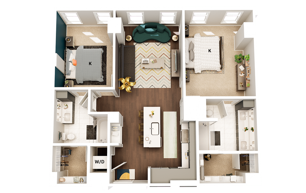 B5 - 2 bedroom floorplan layout with 2 baths and 1123 square feet. (Finish Scheme 2)